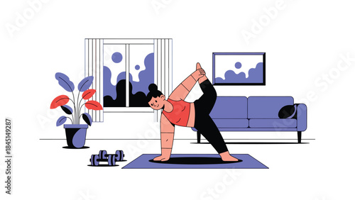 Person exercising at home with simple fitness equipment in modern flat vector style, healthy lifestyle concept, ideal for wellness, fitness, and home workout content