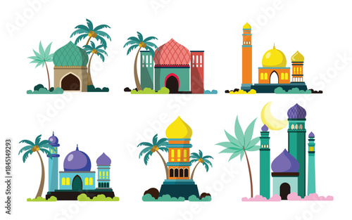 Set of cute mosque illustration with plant and grass full color