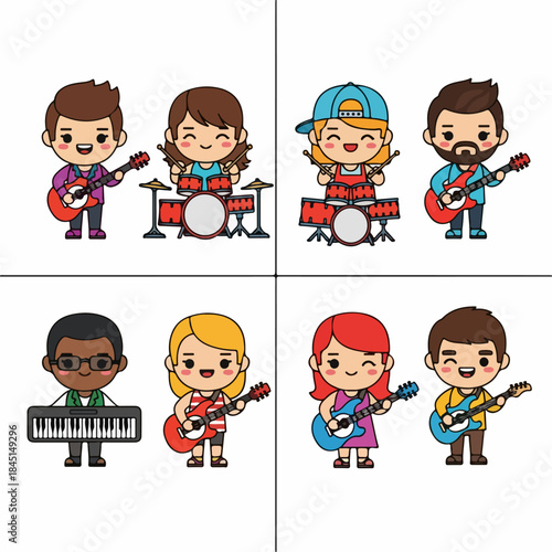 Adorable cartoon characters forming a rock band, playing guitars, drums, and keyboard. Diverse musicians vector illustration set.