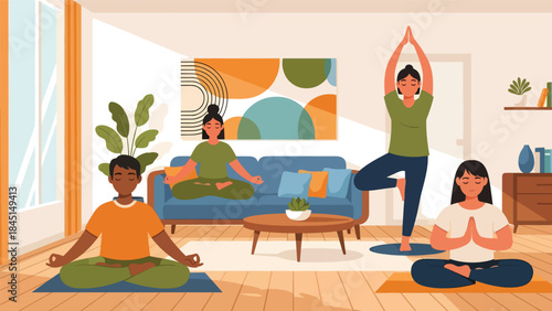 People practicing yoga and meditation indoors in calm modern flat vector illustration, mindfulness and balance concept, ideal for wellness, mental health, and relaxation themes