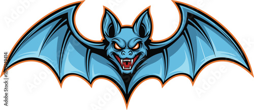 Aggressive Blue Vampire Bat with Fangs and Glowing Eyes, Vector Illustration Mascot for Sports Teams, Halloween, or Gothic Design Projects.