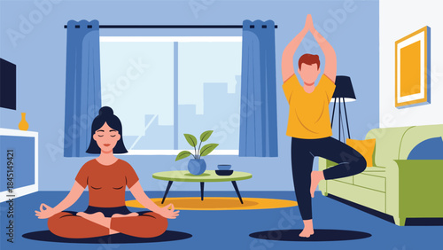 People practicing yoga and meditation indoors in calm modern flat vector illustration, mindfulness and balance concept, ideal for wellness, mental health, and relaxation themes
