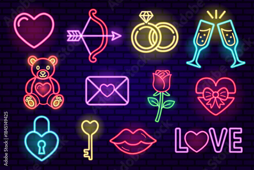 Full set of neon Valentine's Day icons: heart, Cupid, rings, teddy bear, rose, lock, key, and champagne. Vector graphics