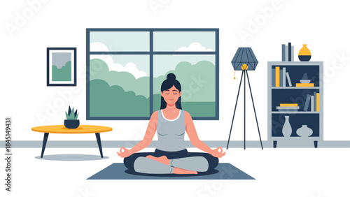 People practicing yoga and meditation indoors in calm modern flat vector illustration, mindfulness and balance concept, ideal for wellness, mental health, and relaxation themes