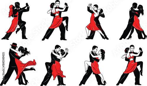 Collection of eight passion-filled tango dancers in various dynamic poses, with the woman wearing a flowing red dress and the man in a black suit, isolated on white.