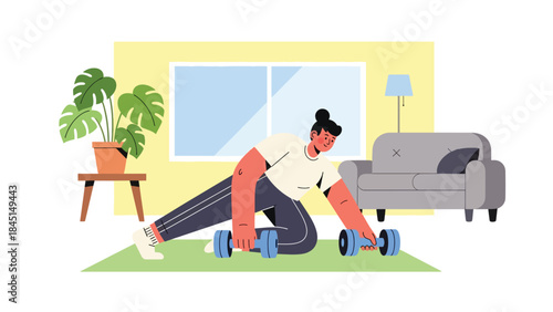 Person exercising at home with simple fitness equipment in modern flat vector style, healthy lifestyle concept, ideal for wellness, fitness, and home workout content