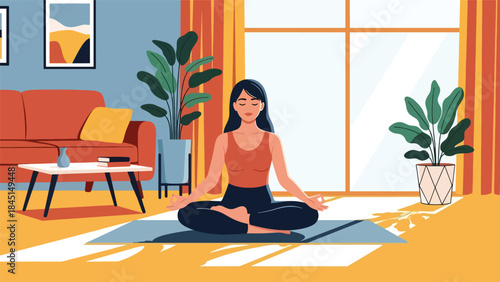 People practicing yoga and meditation indoors in calm modern flat vector illustration, mindfulness and balance concept, ideal for wellness, mental health, and relaxation themes