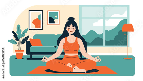 People practicing yoga and meditation indoors in calm modern flat vector illustration, mindfulness and balance concept, ideal for wellness, mental health, and relaxation themes