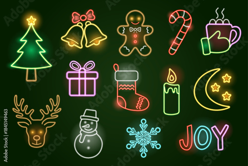Glowing neon vector Christmas icon set: tree, bells, snowman, gingerbread, stocking, deer, candy cane, and more festive symbols
