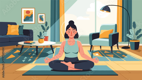 People practicing yoga and meditation indoors in calm modern flat vector illustration, mindfulness and balance concept, ideal for wellness, mental health, and relaxation themes