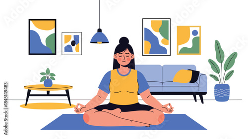 People practicing yoga and meditation indoors in calm modern flat vector illustration, mindfulness and balance concept, ideal for wellness, mental health, and relaxation themes