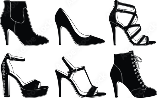 Collection of various high heel shoes silhouettes vector set including ankle boots stiletto pumps strap sandals lace up fashion accessories glamour template design graphic.
