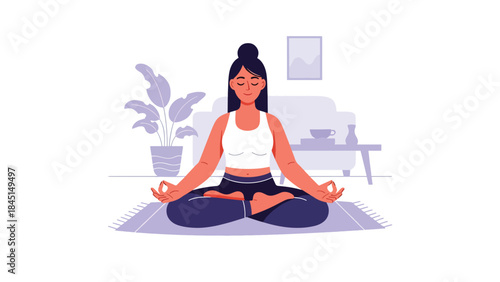 People practicing yoga and meditation indoors in calm modern flat vector illustration, mindfulness and balance concept, ideal for wellness, mental health, and relaxation themes