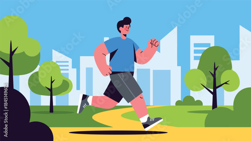 Person jogging in city park illustrated in modern flat vector style, active lifestyle and outdoor fitness, ideal for health, sport, and leisure visuals