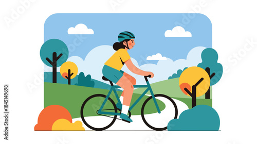 People cycling outdoors in modern flat vector illustration, eco-friendly leisure and active lifestyle, ideal for sport, recreation, and sustainability content