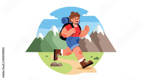 People hiking on mountain trails in modern flat vector illustration, outdoor adventure and travel leisure, ideal for tourism, nature, and lifestyle themes