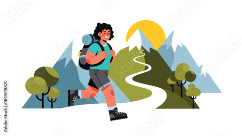 People hiking on mountain trails in modern flat vector illustration, outdoor adventure and travel leisure, ideal for tourism, nature, and lifestyle themes