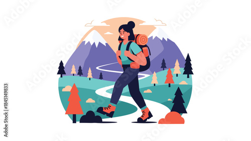 People hiking on mountain trails in modern flat vector illustration, outdoor adventure and travel leisure, ideal for tourism, nature, and lifestyle themes