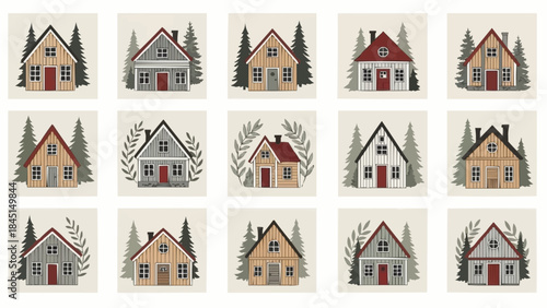 Collection of Cozy Winter Cottages and Houses with Trees.