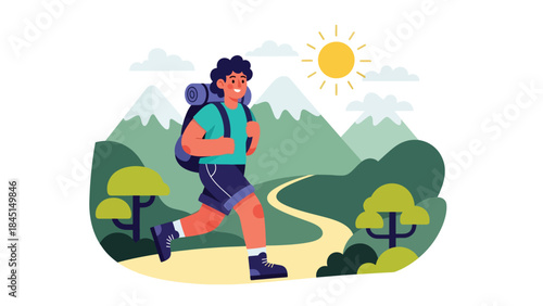 People hiking on mountain trails in modern flat vector illustration, outdoor adventure and travel leisure, ideal for tourism, nature, and lifestyle themes