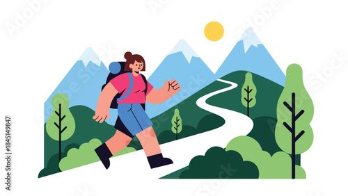 People hiking on mountain trails in modern flat vector illustration, outdoor adventure and travel leisure, ideal for tourism, nature, and lifestyle themes