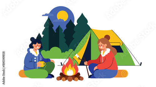 Camping scene with tent and campfire illustrated in modern flat vector style, outdoor relaxation and adventure, ideal for travel and leisure content