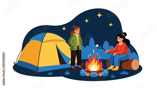 Camping scene with tent and campfire illustrated in modern flat vector style, outdoor relaxation and adventure, ideal for travel and leisure content