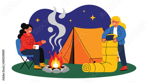 Camping scene with tent and campfire illustrated in modern flat vector style, outdoor relaxation and adventure, ideal for travel and leisure content