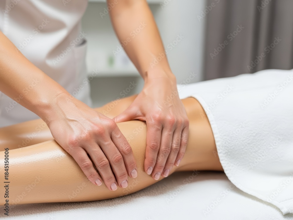 Fototapeta premium Masseuse massaging woman’s leg with oil at spa salon. Relaxation and body care treatment for wellness and beauty.