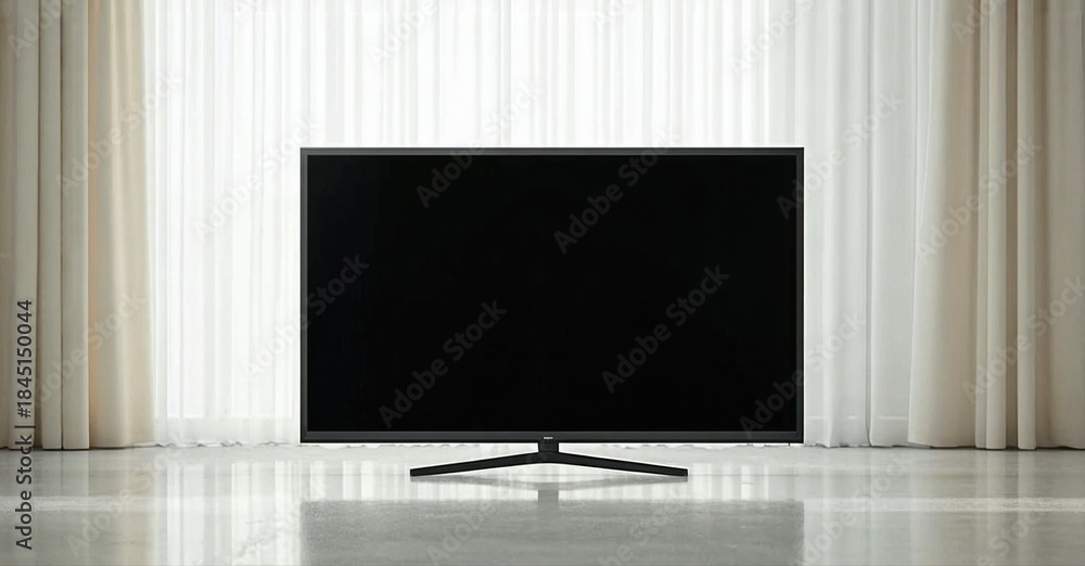 Fototapeta premium Modern television set positioned before sheer curtains. Minimalist interior, neutral tones, reflective floor creates subtle visual effect.