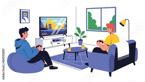 People playing video games at home illustrated in modern flat vector style, digital entertainment and leisure activity, ideal for gaming and lifestyle visuals