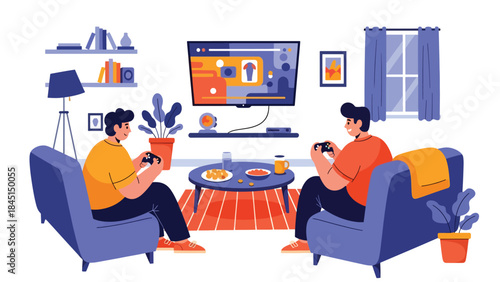 People playing video games at home illustrated in modern flat vector style, digital entertainment and leisure activity, ideal for gaming and lifestyle visuals