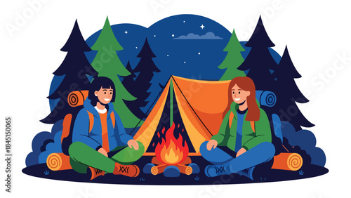 Camping scene with tent and campfire illustrated in modern flat vector style, outdoor relaxation and adventure, ideal for travel and leisure content