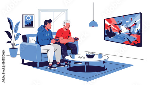 People playing video games at home illustrated in modern flat vector style, digital entertainment and leisure activity, ideal for gaming and lifestyle visuals