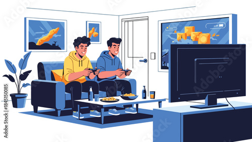People playing video games at home illustrated in modern flat vector style, digital entertainment and leisure activity, ideal for gaming and lifestyle visuals