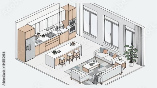 Modern Open Plan Kitchen and Living Area Isometric View.