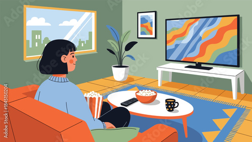 People watching movies or streaming at home in modern flat vector illustration, entertainment and relaxation concept, ideal for lifestyle and leisure content