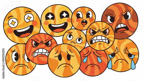 Collection of expressive cartoon planets showing various emotions.