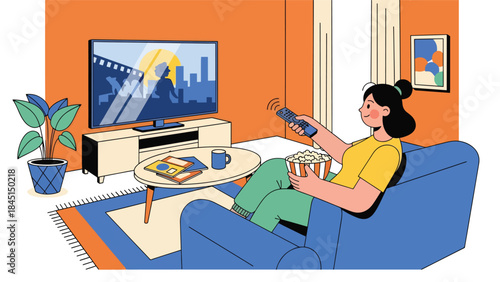 People watching movies or streaming at home in modern flat vector illustration, entertainment and relaxation concept, ideal for lifestyle and leisure content