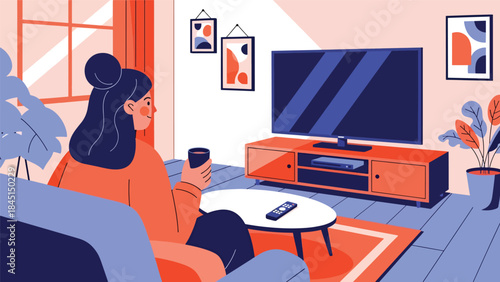 People watching movies or streaming at home in modern flat vector illustration, entertainment and relaxation concept, ideal for lifestyle and leisure content