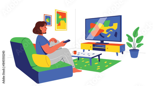 People watching movies or streaming at home in modern flat vector illustration, entertainment and relaxation concept, ideal for lifestyle and leisure content
