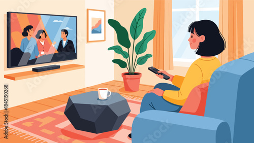 People watching movies or streaming at home in modern flat vector illustration, entertainment and relaxation concept, ideal for lifestyle and leisure content