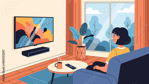 People watching movies or streaming at home in modern flat vector illustration, entertainment and relaxation concept, ideal for lifestyle and leisure content