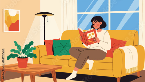 Person reading a book comfortably in modern flat vector style, relaxing hobby and self-improvement, ideal for education and lifestyle visuals