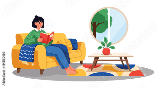 Person reading a book comfortably in modern flat vector style, relaxing hobby and self-improvement, ideal for education and lifestyle visuals
