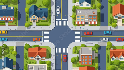 Aerial view of a suburban intersection with houses and cars.