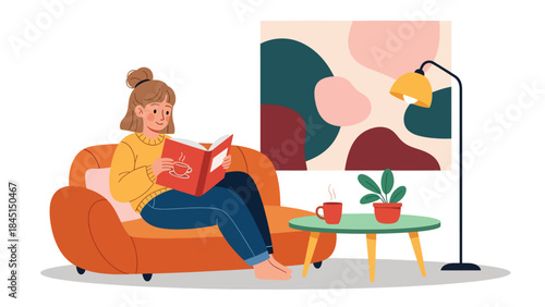 Person reading a book comfortably in modern flat vector style, relaxing hobby and self-improvement, ideal for education and lifestyle visuals