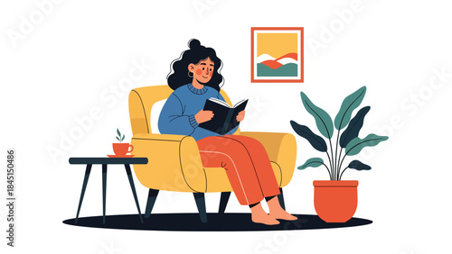 Person reading a book comfortably in modern flat vector style, relaxing hobby and self-improvement, ideal for education and lifestyle visuals