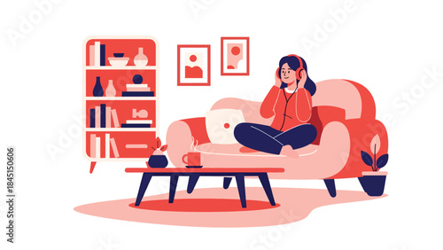 Person listening to music with headphones in modern flat vector illustration, relaxation and entertainment hobby, ideal for audio and lifestyle themes