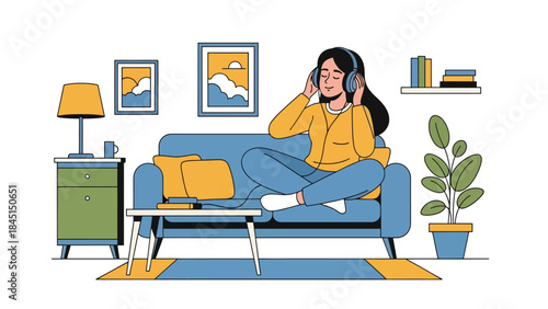 Person listening to music with headphones in modern flat vector illustration, relaxation and entertainment hobby, ideal for audio and lifestyle themes